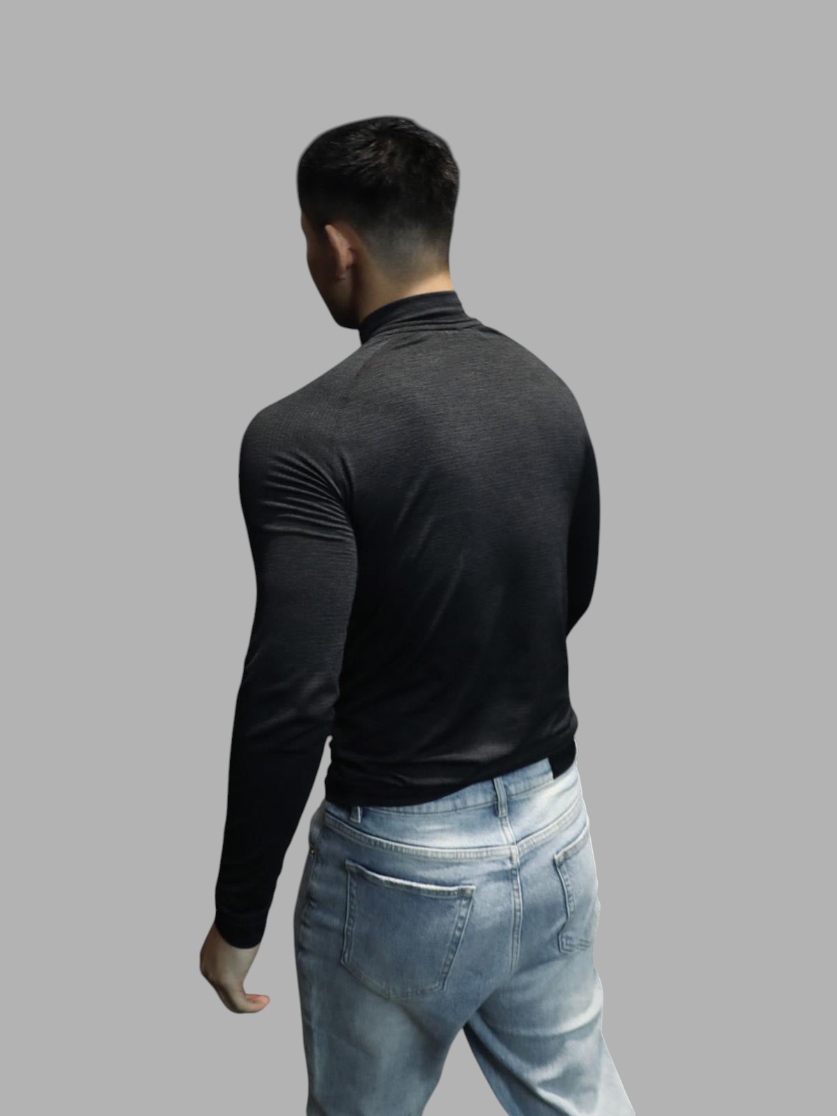 ASCEND charcoal grey long sleeve zip-up tee with shoulder detailing worn by a man from the back view