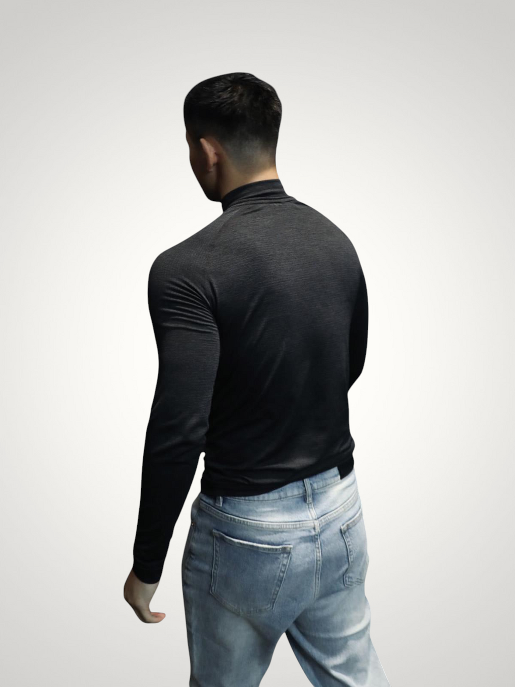 ASCEND charcoal grey long sleeve zip-up tee with shoulder detailing worn by a man from the back view