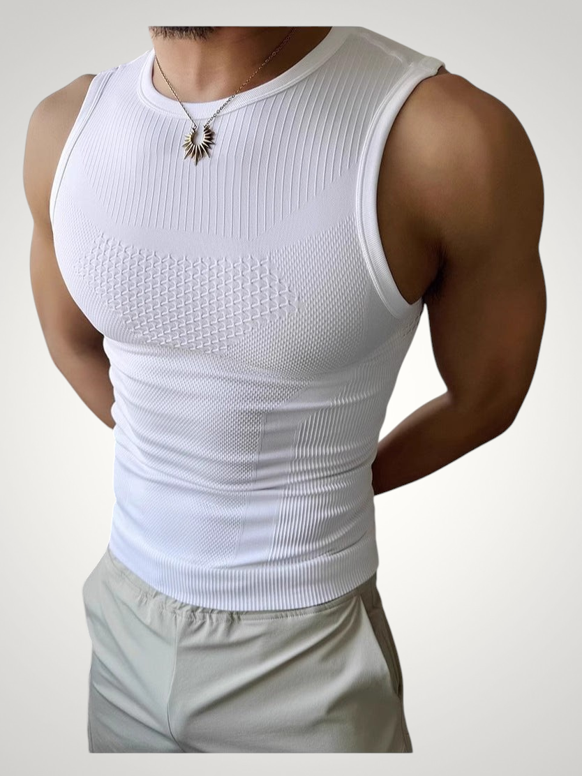 ASCEND white textured compression tank top with a snug fit, worn by a muscular model for athletic training.
