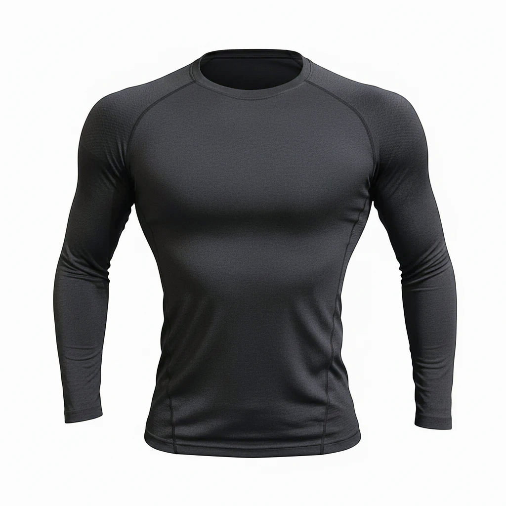 ASCEND black compression long sleeve tee with seamless shoulder detailing and breathable athletic fabric
