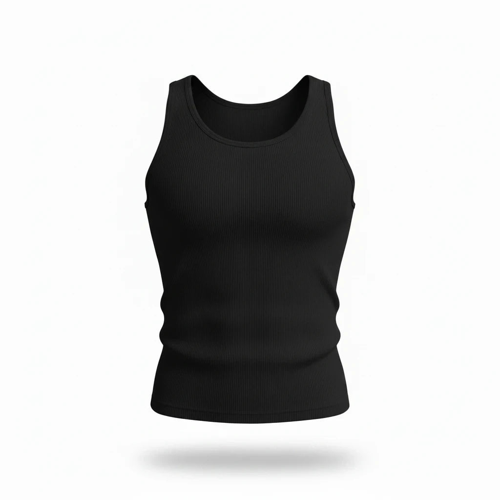 ASCEND black ribbed compression tank top for men with a fitted silhouette and scoop neckline